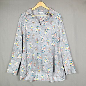 Pleione Plaid Houndstooth Plaid Floral Popover Top Academia Boho Preppy Size L